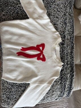 Sincerely Jules Cream Sweater with Red Bow Motif